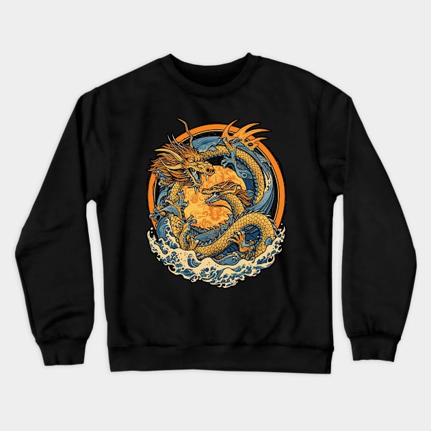 Vintage Japanese Dragon Sun Tattoo Design Crewneck Sweatshirt by laverdeden